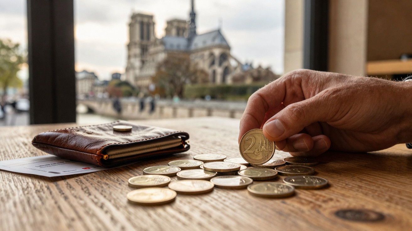 Mão segurando moeda de 2 euros ao lado de carteira e moedas sobre mesa com Notre-Dame ao fundo desfocado.