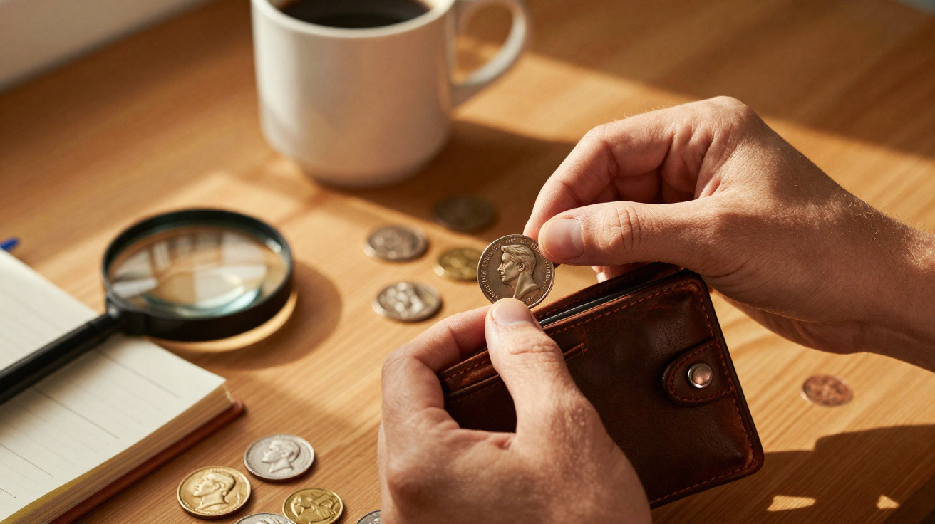 Pessoa a segurar uma moeda acima de uma carteira de pele castanha, com moedas, lupa, caderno e chávena numa mesa.