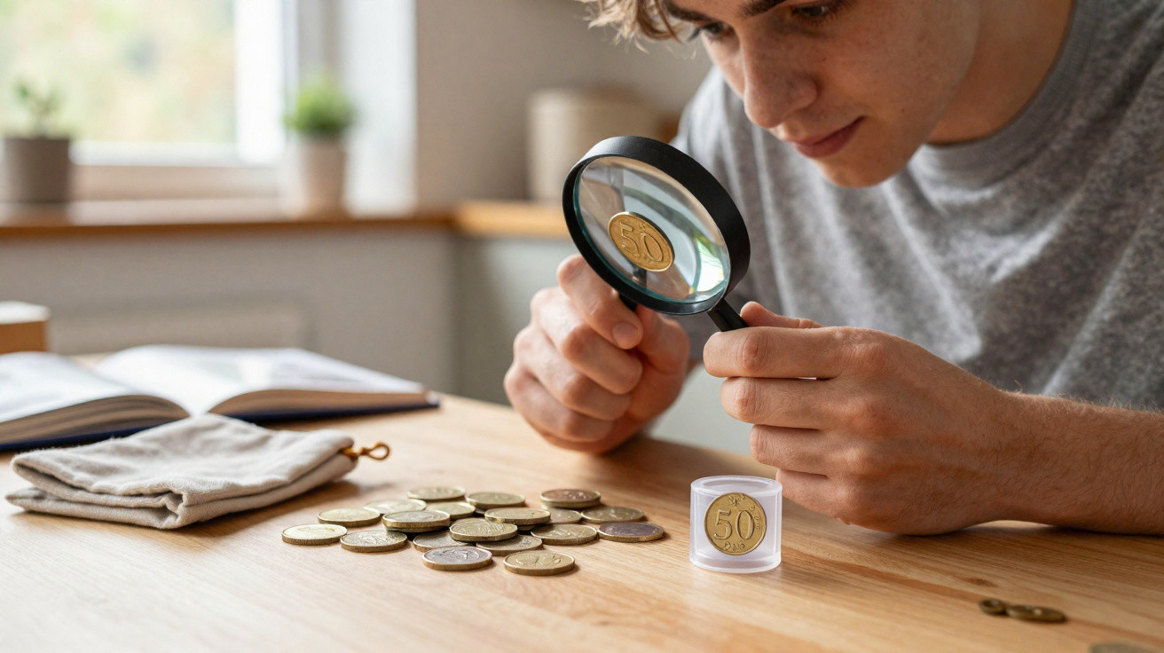 Homem analisa moeda de 50 centavos com lupa numa mesa com várias moedas espalhadas.