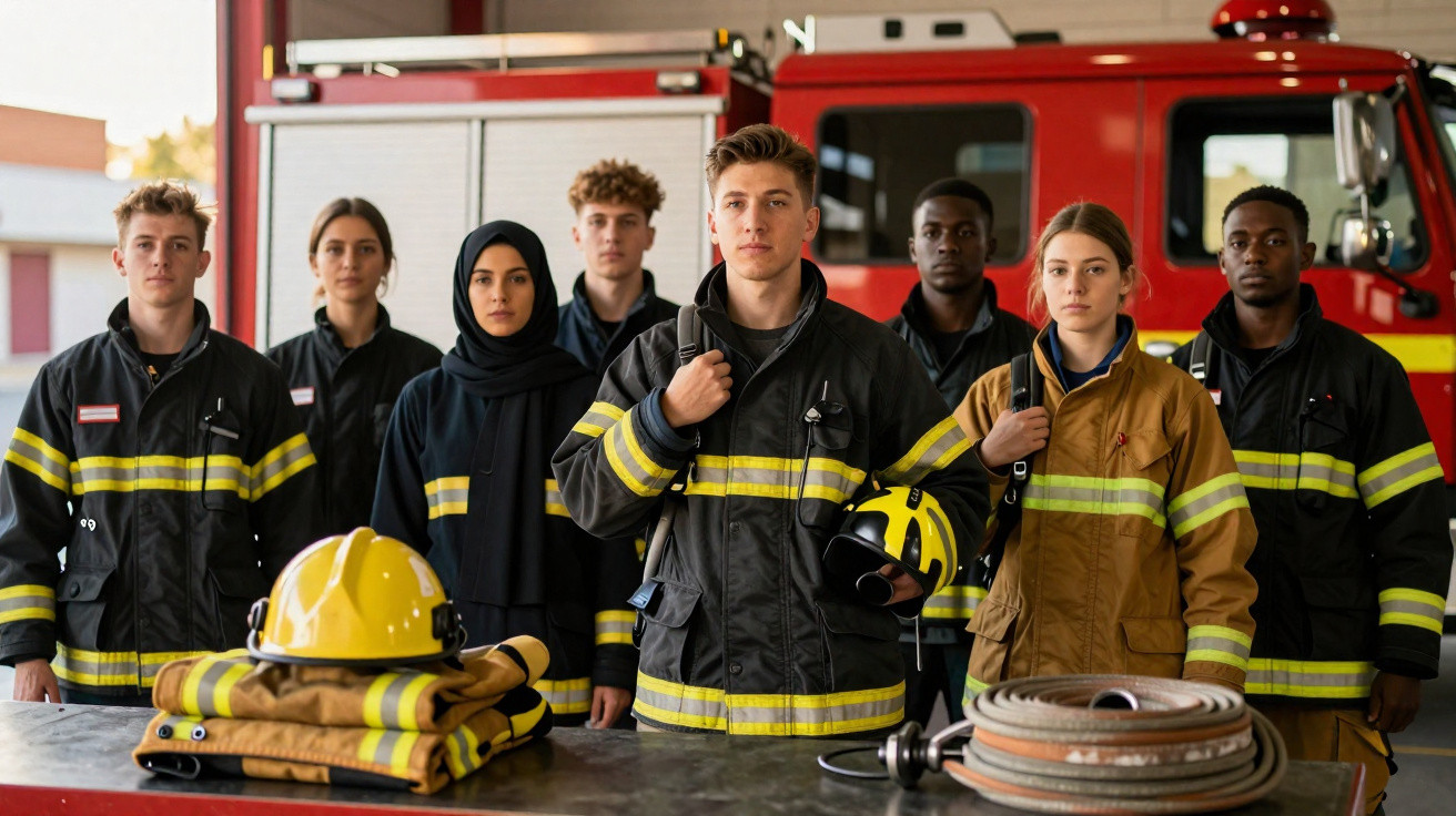 Grupo diversificado de bombeiros em uniforme a posar em estação de bombeiros com equipamento no primeiro plano.