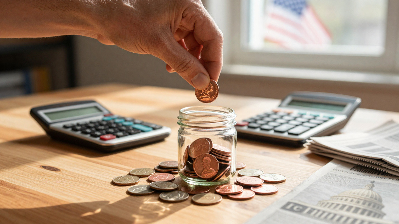 Mão a colocar moeda num frasco com moedas numa mesa com duas calculadoras e jornais.