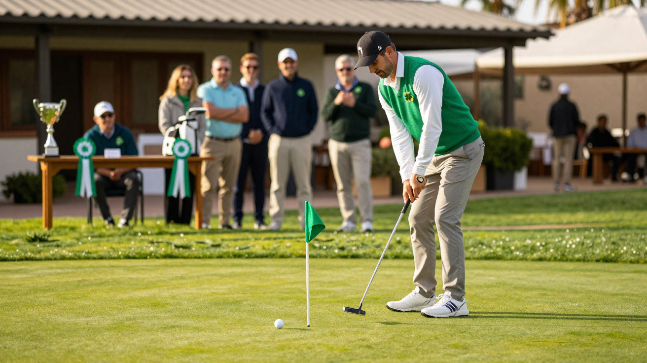 Jogador de golfe a fazer putt com público e prémios ao fundo num campo de golfe.