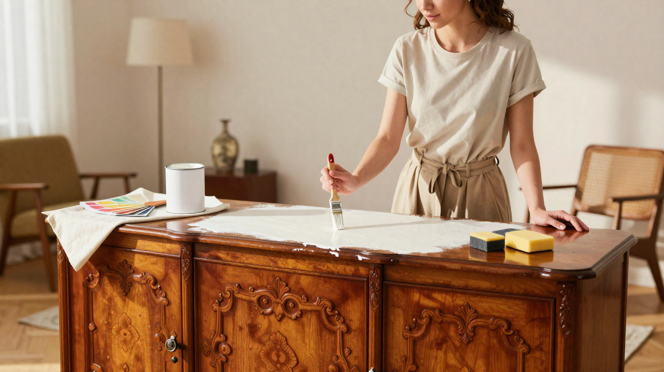 Mulher a pintar um móvel antigo de madeira com tinta branca numa sala acolhedora.