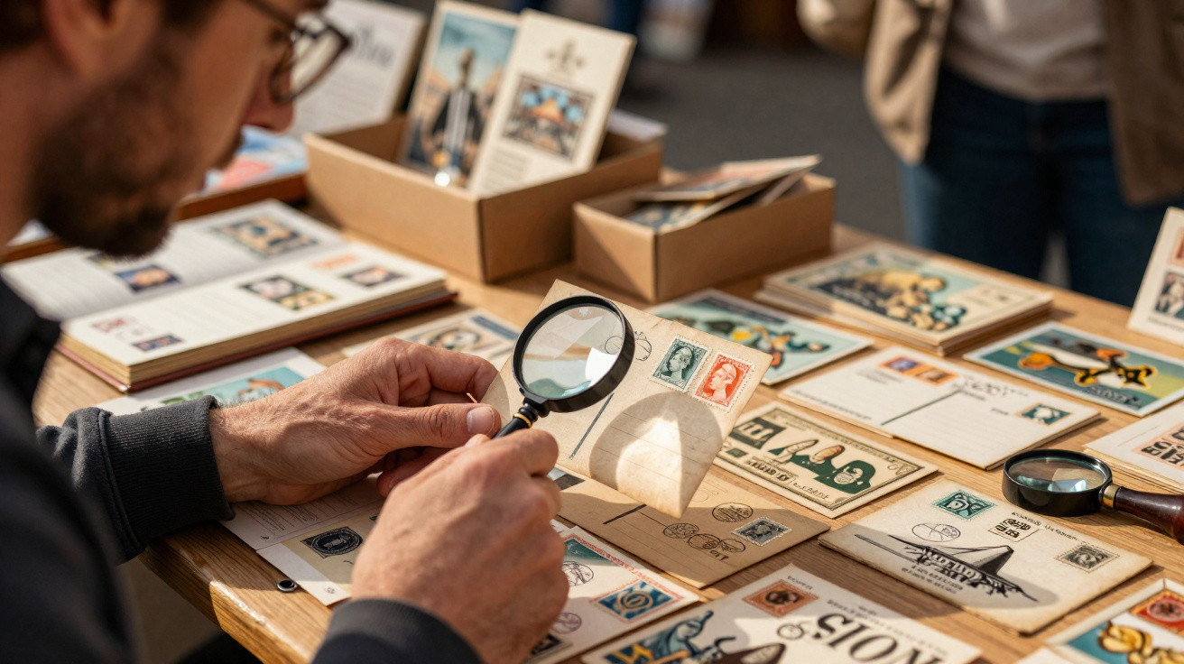 Pessoa a examinar selo postal antigo numa carta com lupa numa mesa cheia de cartas e postais.