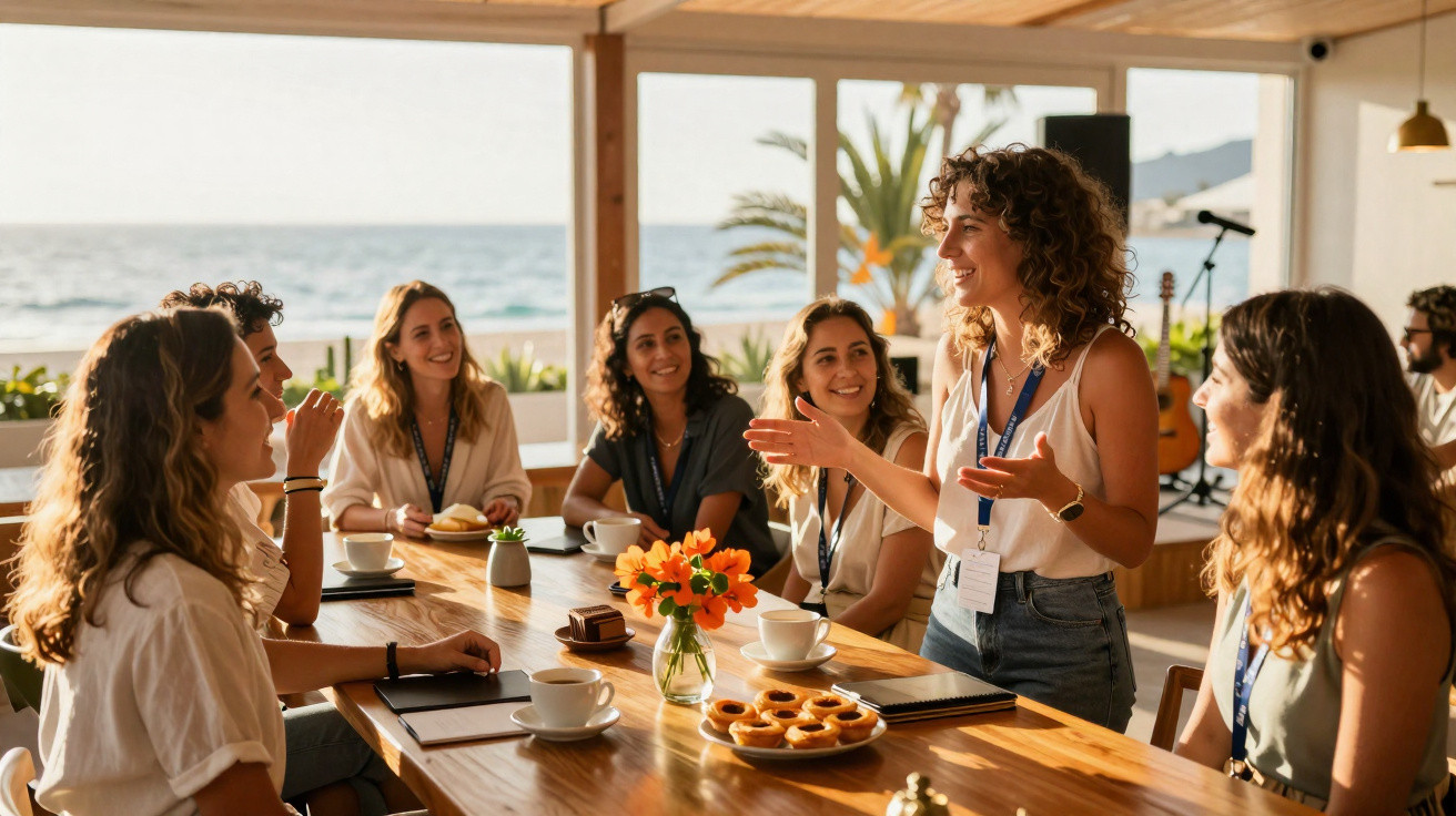 Grupo de mulheres a conversar alegremente à volta de uma mesa com doces, café e vista para o mar.