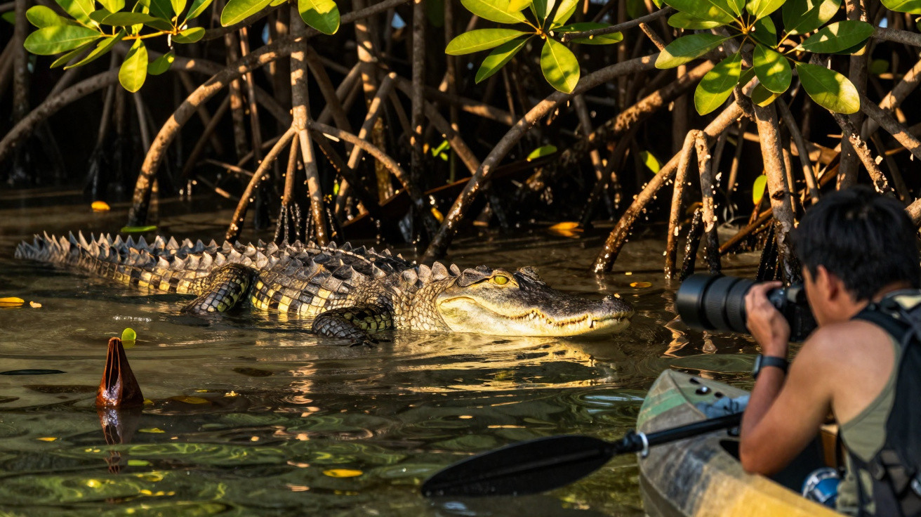 Homem em caiaque fotografa crocodilo na água junto a raízes e folhas de mangue numa zona alagadiça.