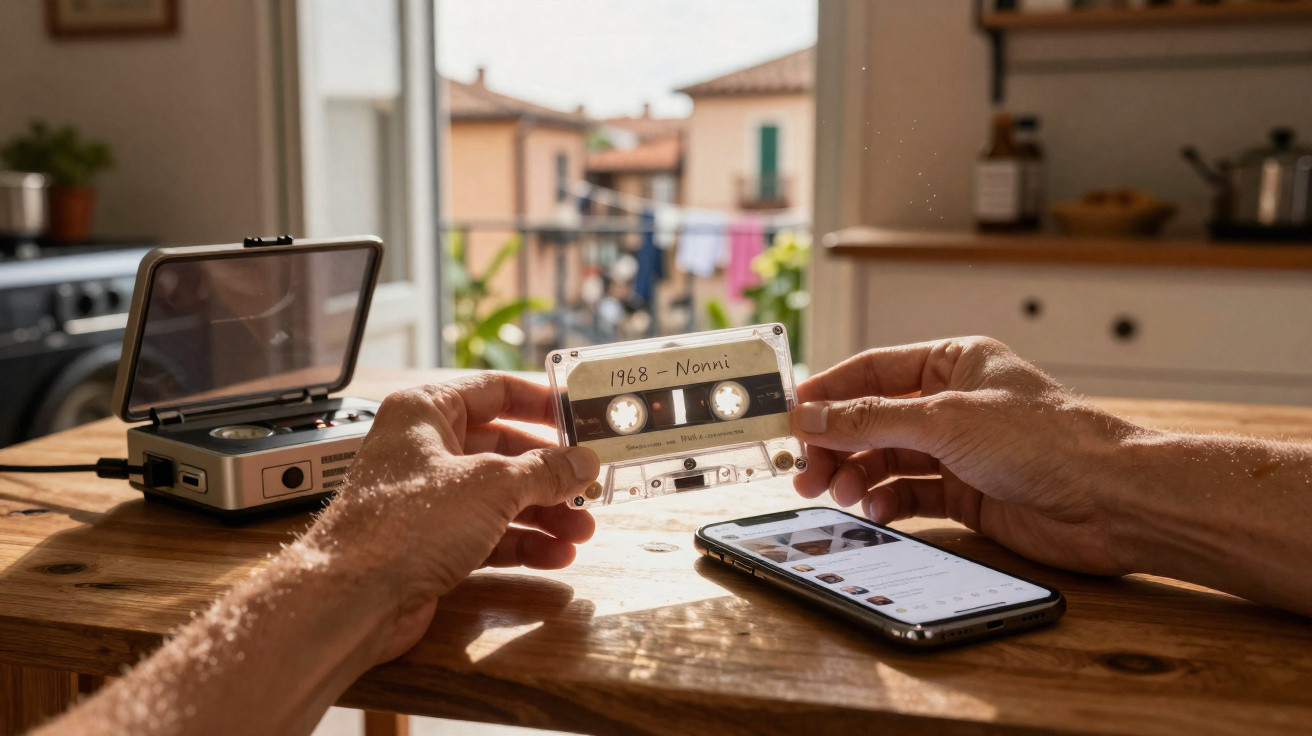 Mãos seguram cassete com escrita "1968 - Nonni" ao lado de leitor de cassete e telemóvel numa mesa de madeira.