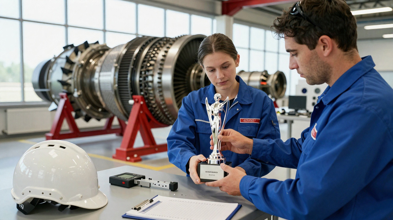 Dois engenheiros em uniformes azuis analisam um troféu numa oficina industrial com motor grande ao fundo.