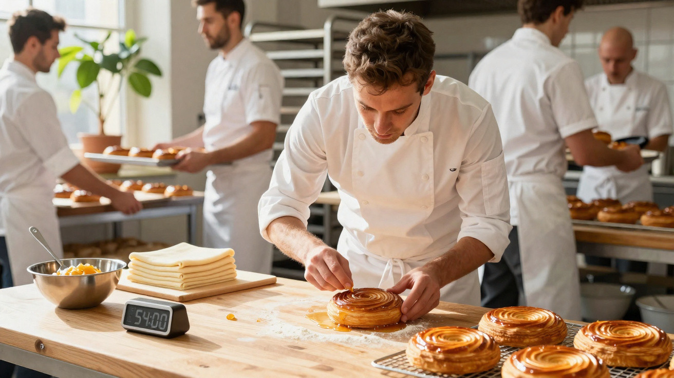 Chef a decorar doces numa cozinha profissional com vários cozinheiros a trabalhar ao fundo.