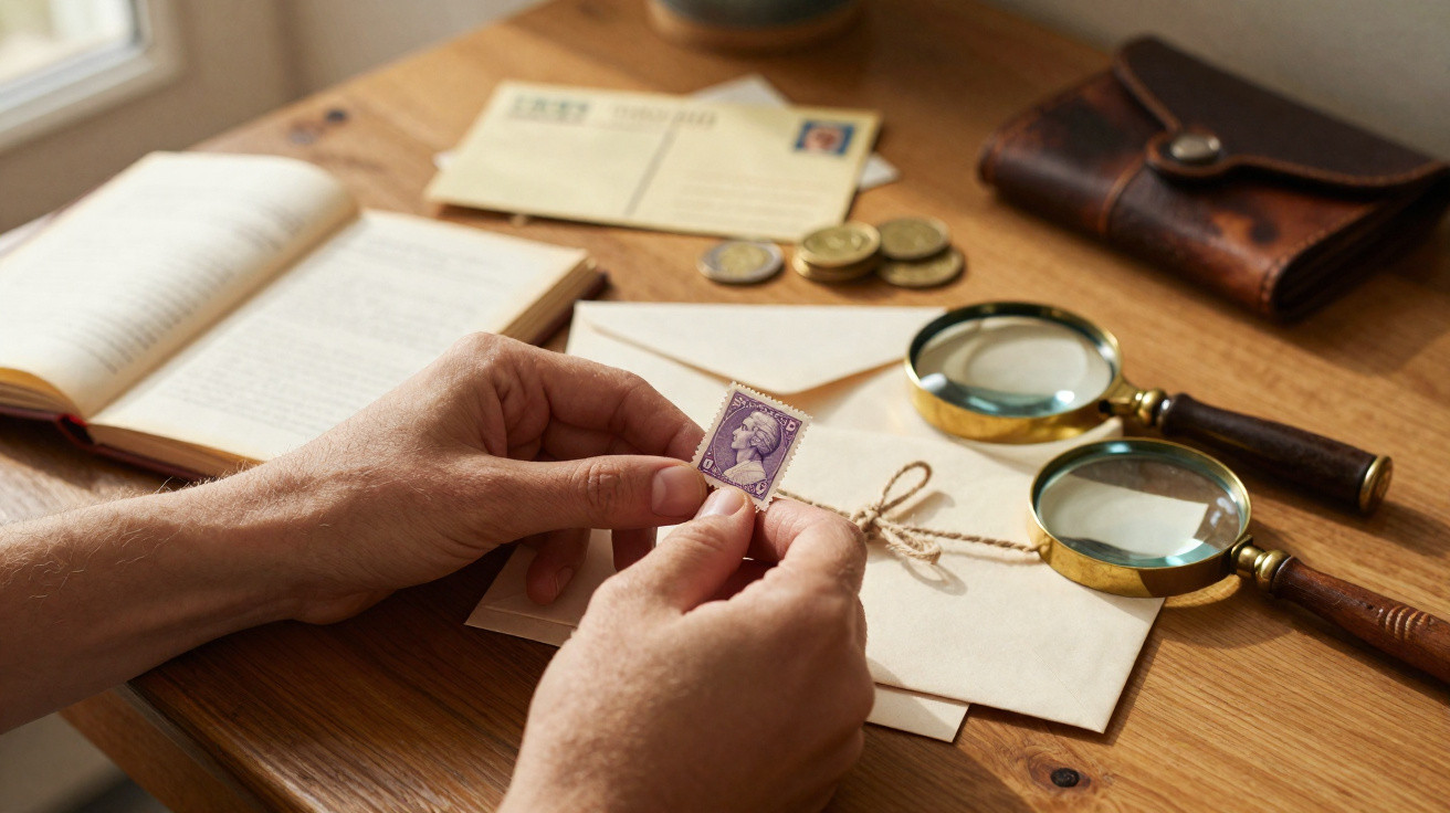 Mãos a segurarem um selo junto a envelopes, lupas, moedas e um livro sobre uma mesa de madeira.