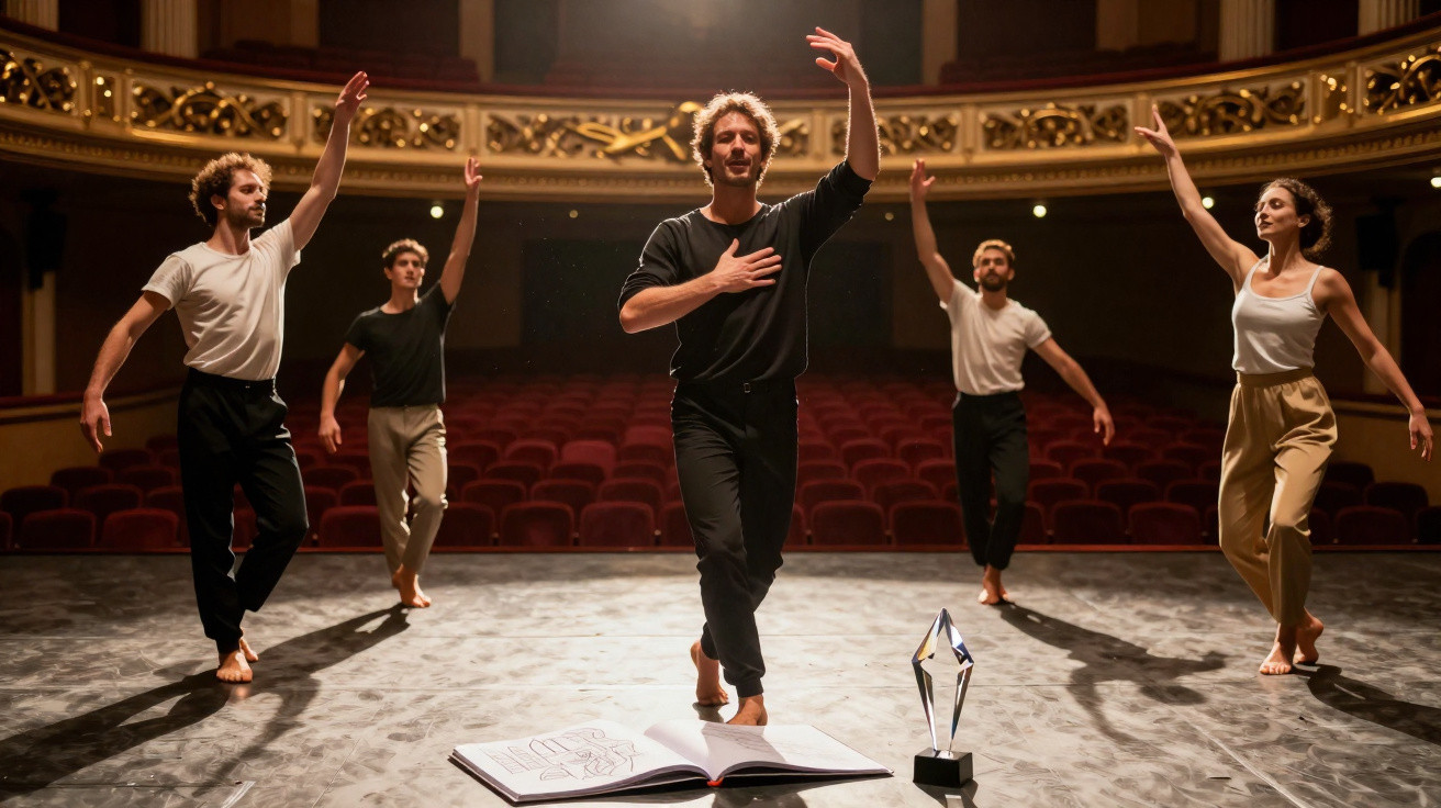 Grupo de bailarinos a ensaiar coreografia num palco vazio de teatro clássico.