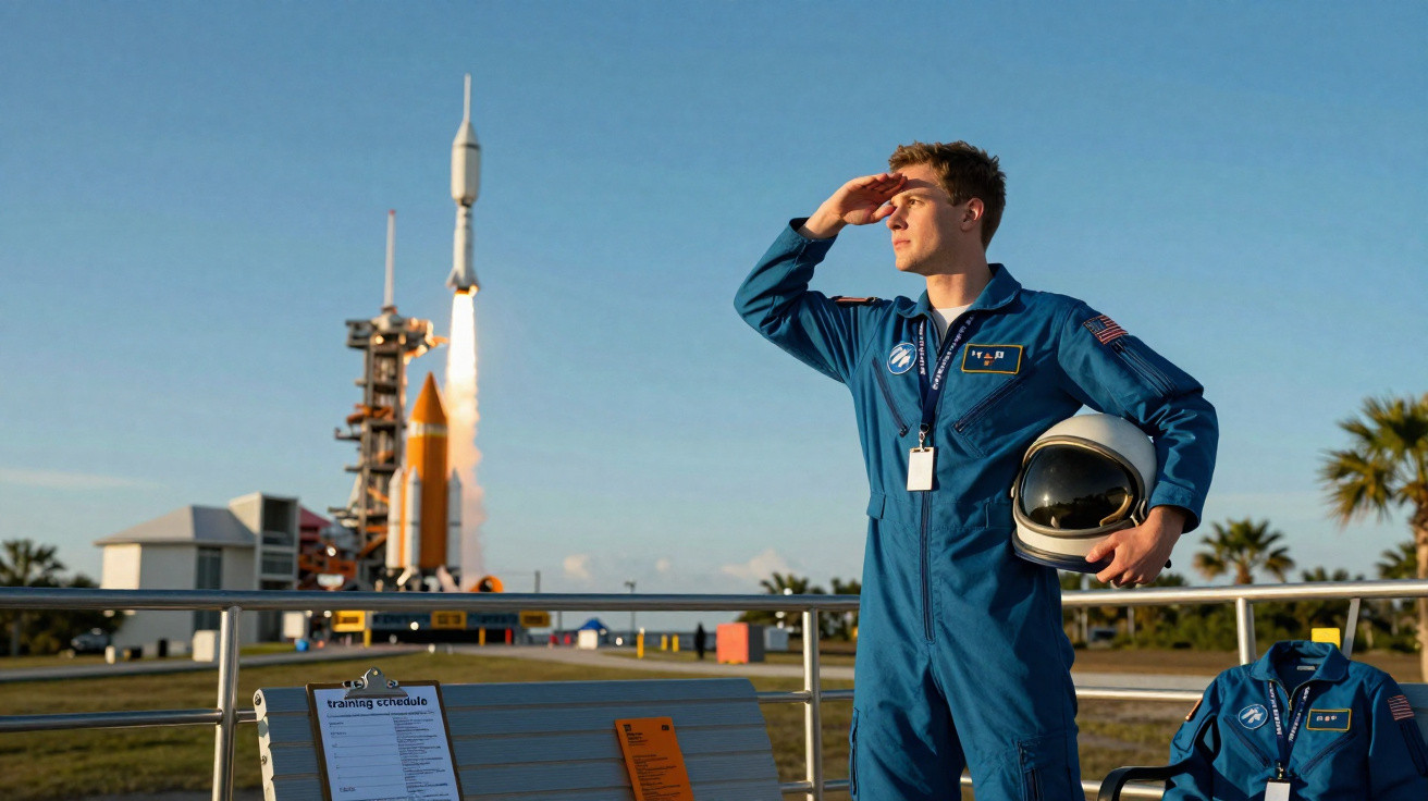 Astronauta em fato azul com capacete observa lançamento de foguetão ao fundo durante dia claro.