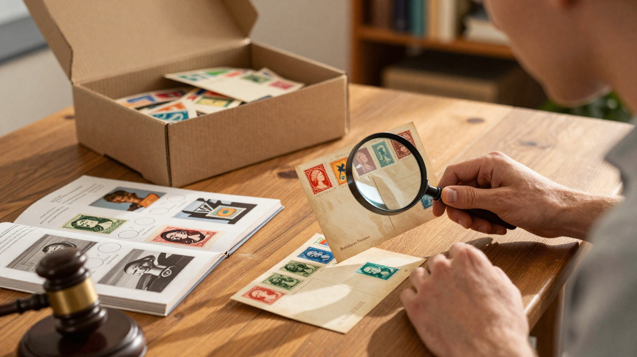 Pessoa a examinar selos antigos com lupa, ao lado de álbuns de filatelia e caixa com cartas sobre mesa de madeira.