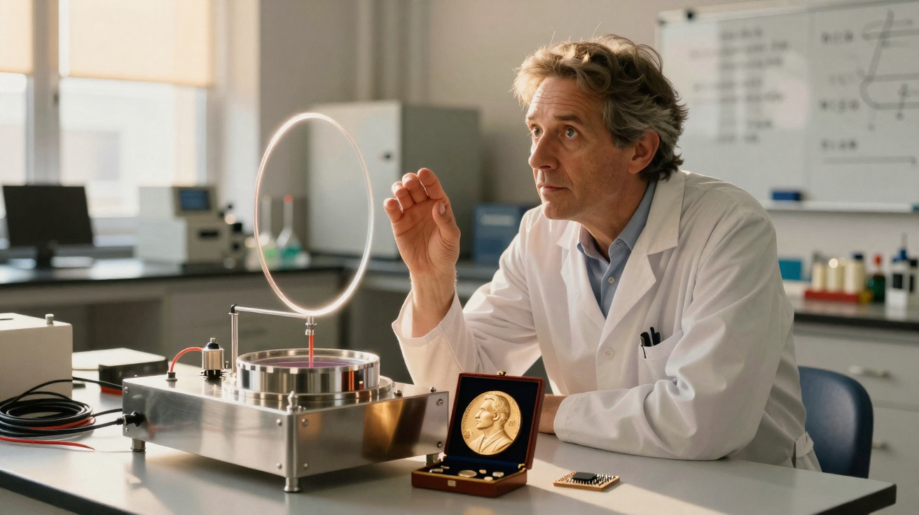 Homem de bata branca observa experiência científica com medalha Nobel sobre a mesa.