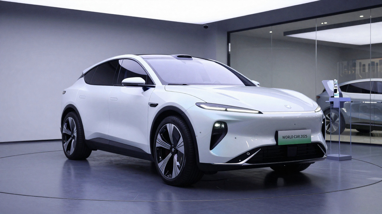 Carro eléctrico branco em exposição com design moderno e linhas aerodinâmicas, em ambiente interior minimalista.
