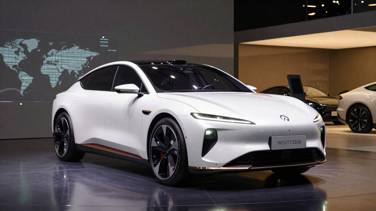 Carro elétrico branco futurista em exibição num salão automóvel com iluminação moderna e mapa mundial no fundo.