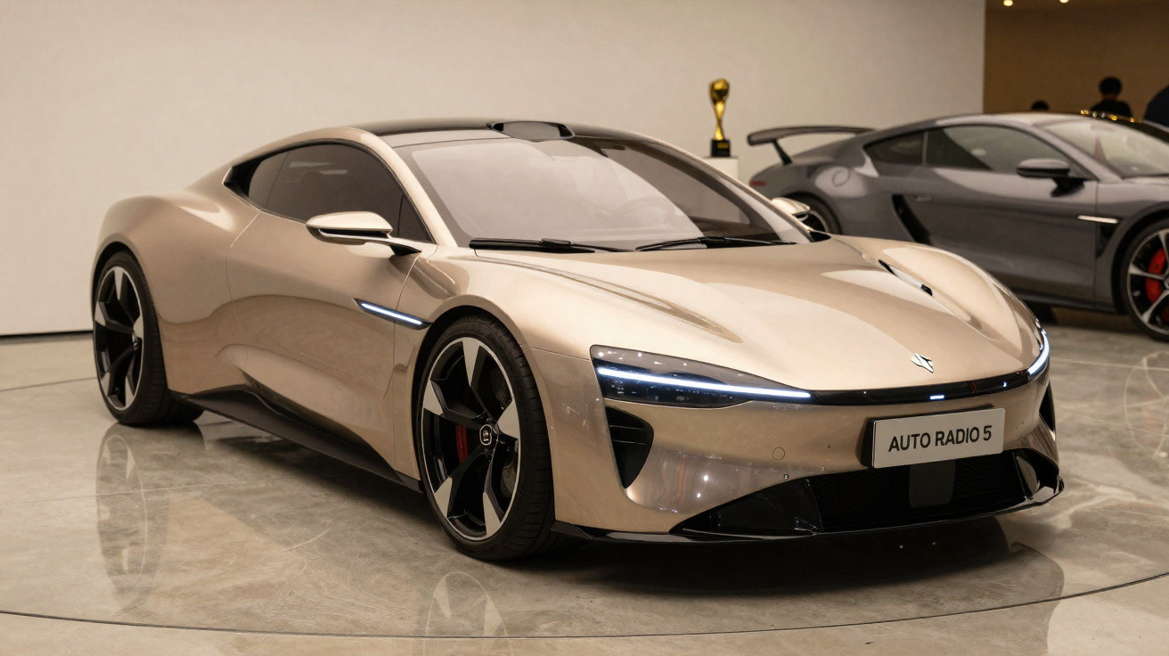 Carro desportivo elétrico moderno de cor bege exposto numa sala com chão polido.