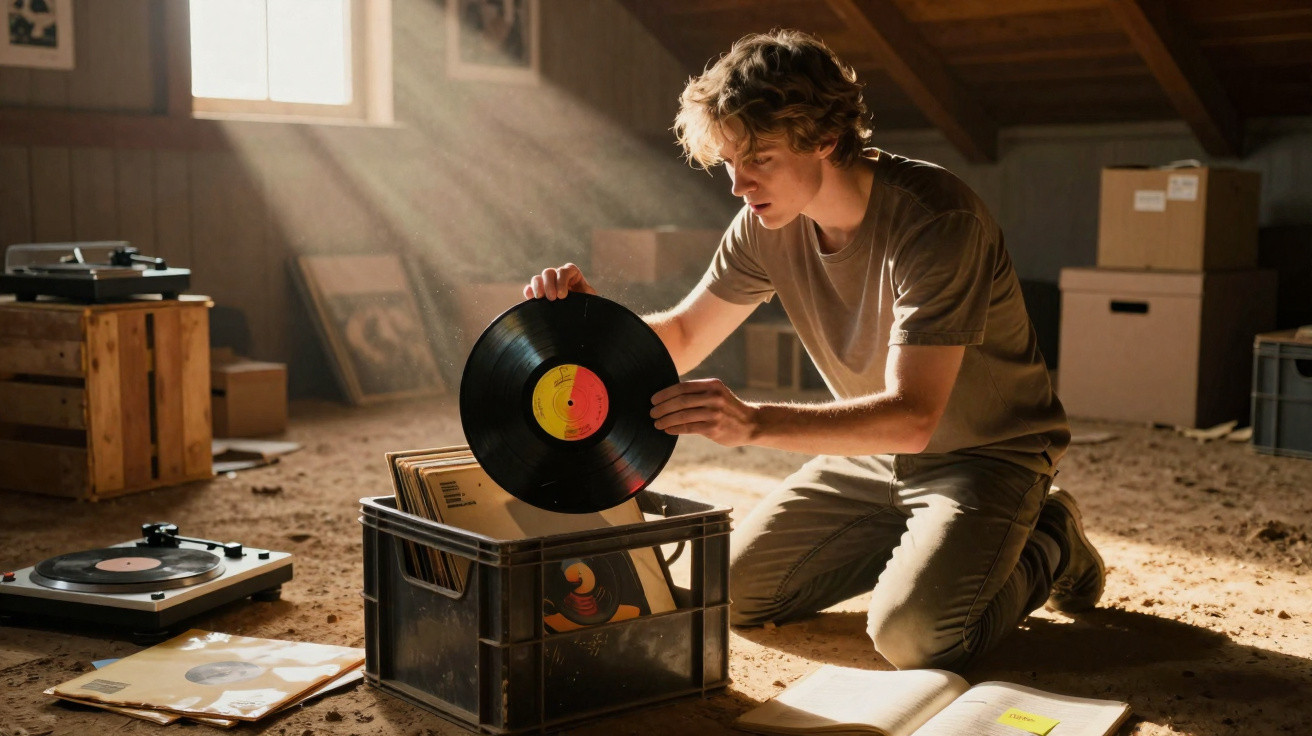 Jovem a explorar discos de vinil numa sótão iluminado pela luz natural através de uma janela.