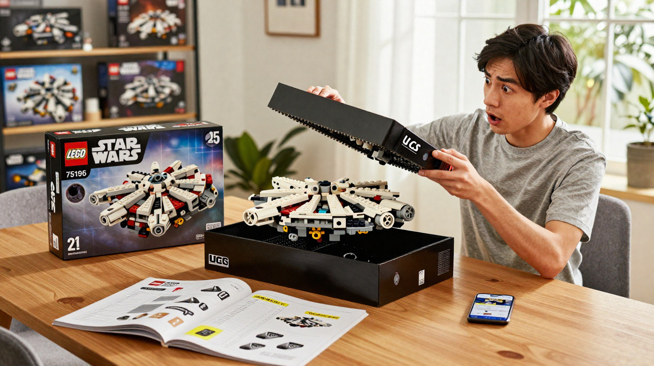 Homem surpreso a abrir caixa de LEGO Star Wars do Millennium Falcon montado numa mesa com instruções e smartphone.