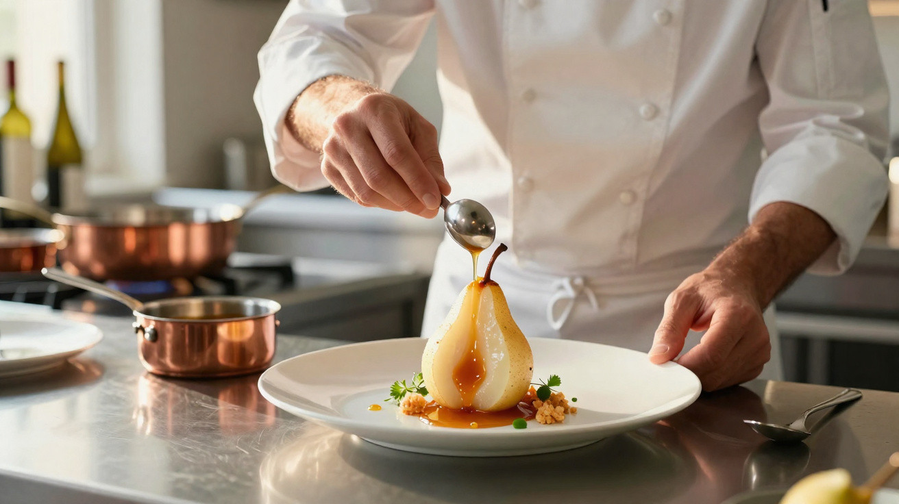 Chef a decorar uma pêra cozida com calda caramelizada num prato branco numa cozinha profissional.