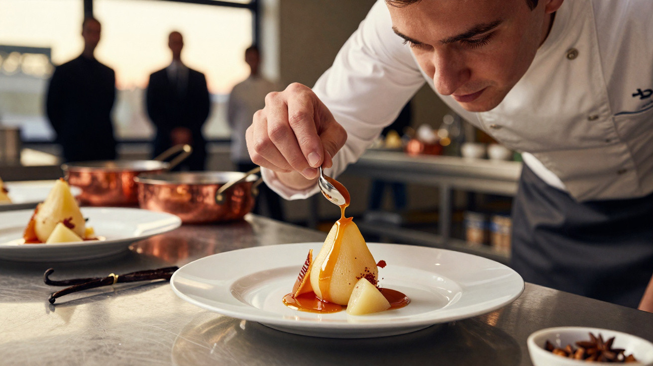 Chef a decorar peras com molho caramelo num prato branco numa cozinha profissional.