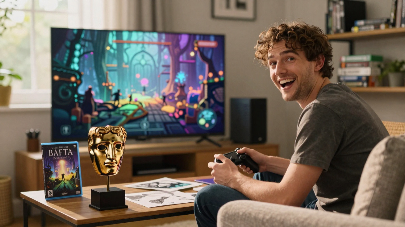 Homem sorridente sentado a jogar videojogo numa sala com estatueta BAFTA em destaque na mesa.