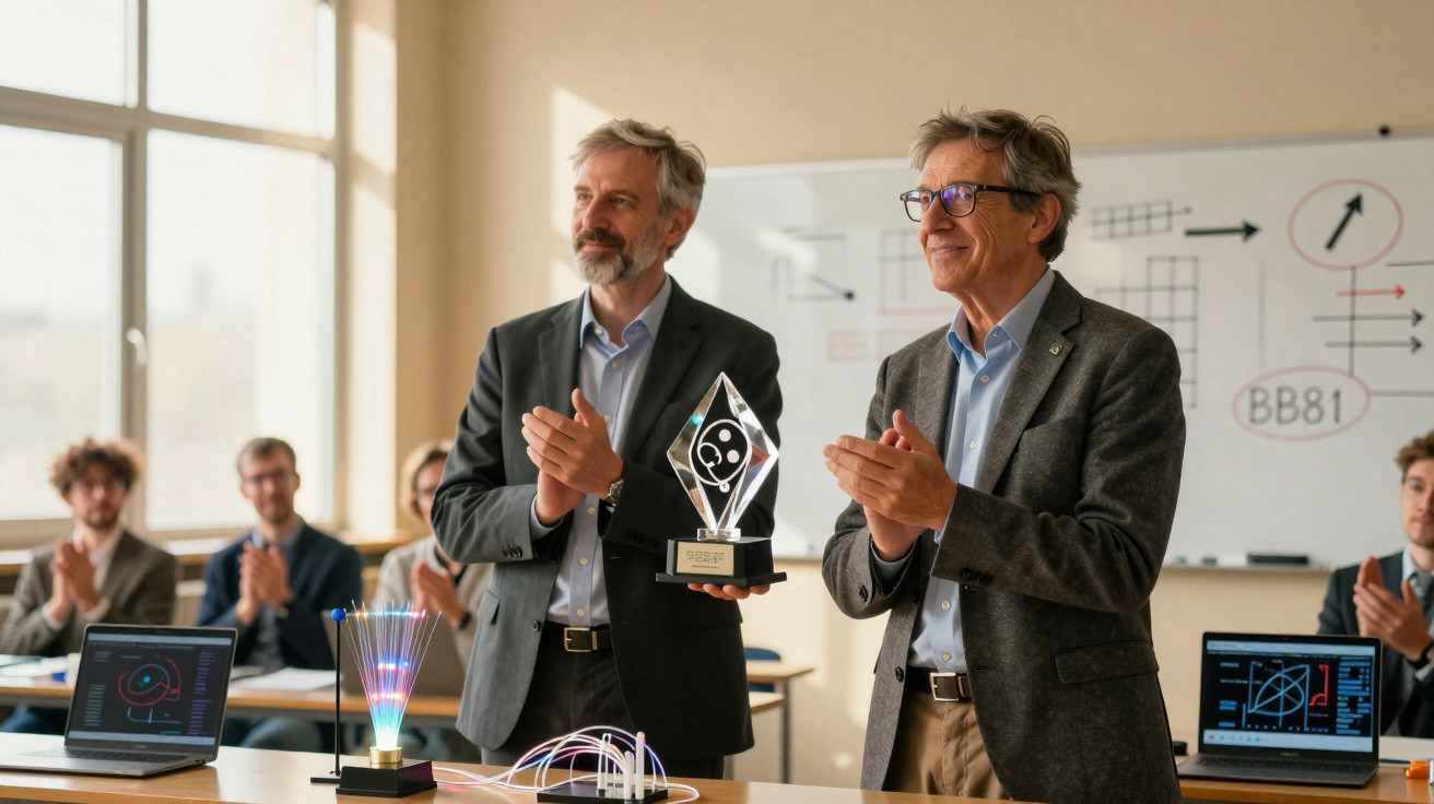 Dois homens em traje formal seguram um troféu numa sala de aula com pessoas a aplaudir ao fundo.