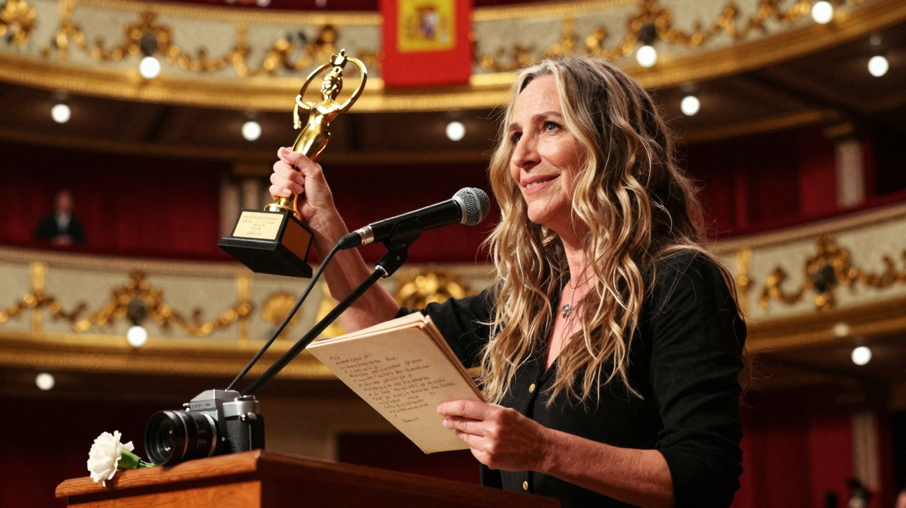 Mulher loira segura prémio dourado e faz discurso em palco de teatro com microfone e câmara.