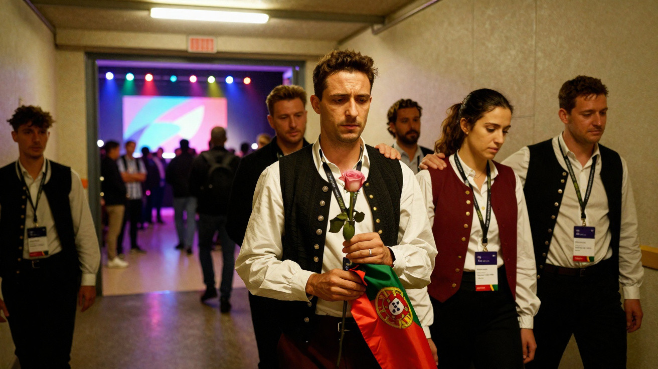 Grupo de pessoas com expressão triste, uma segura uma rosa e uma bandeira de Portugal num corredor.