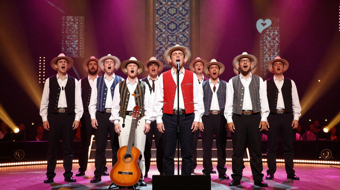 Grupo musical masculino vestido com trajes tradicionais e chapéus, a cantar num palco iluminado com luzes coloridas.