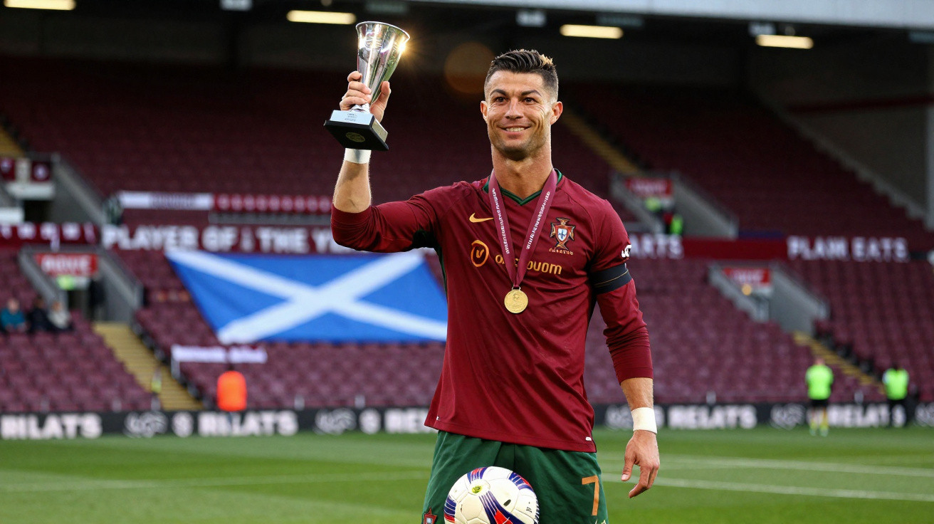 Jogador de futebol de Portugal a sorrir, segurando troféu com medalha ao pescoço num estádio vazio.
