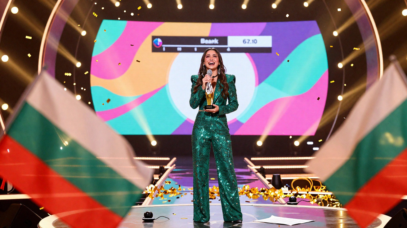 Cantora vencedora no palco com troféu, palco iluminado e bandeiras da Bulgária em primeiro plano.