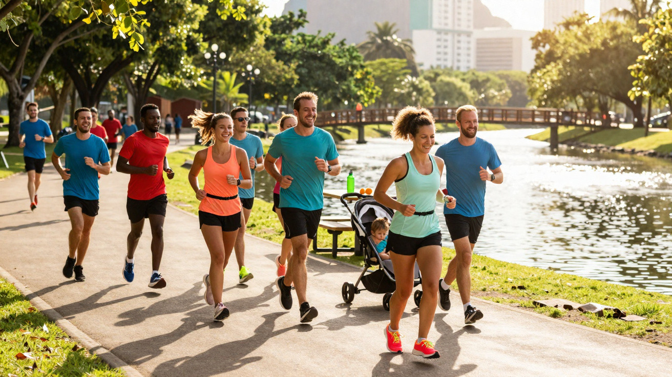 Grupo de pessoas a correr num parque à beira de um rio num dia de sol.