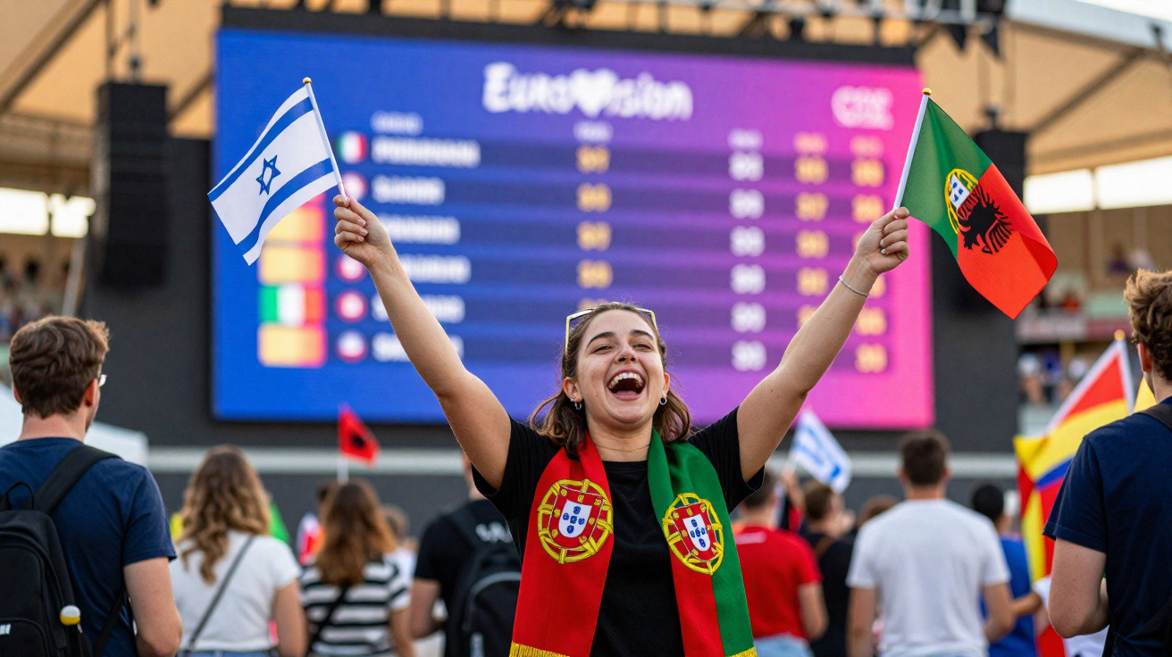 Mulher sorridente com cachecol de Portugal segura bandeiras de Israel e Portugal em evento Eurovision ao ar livre.