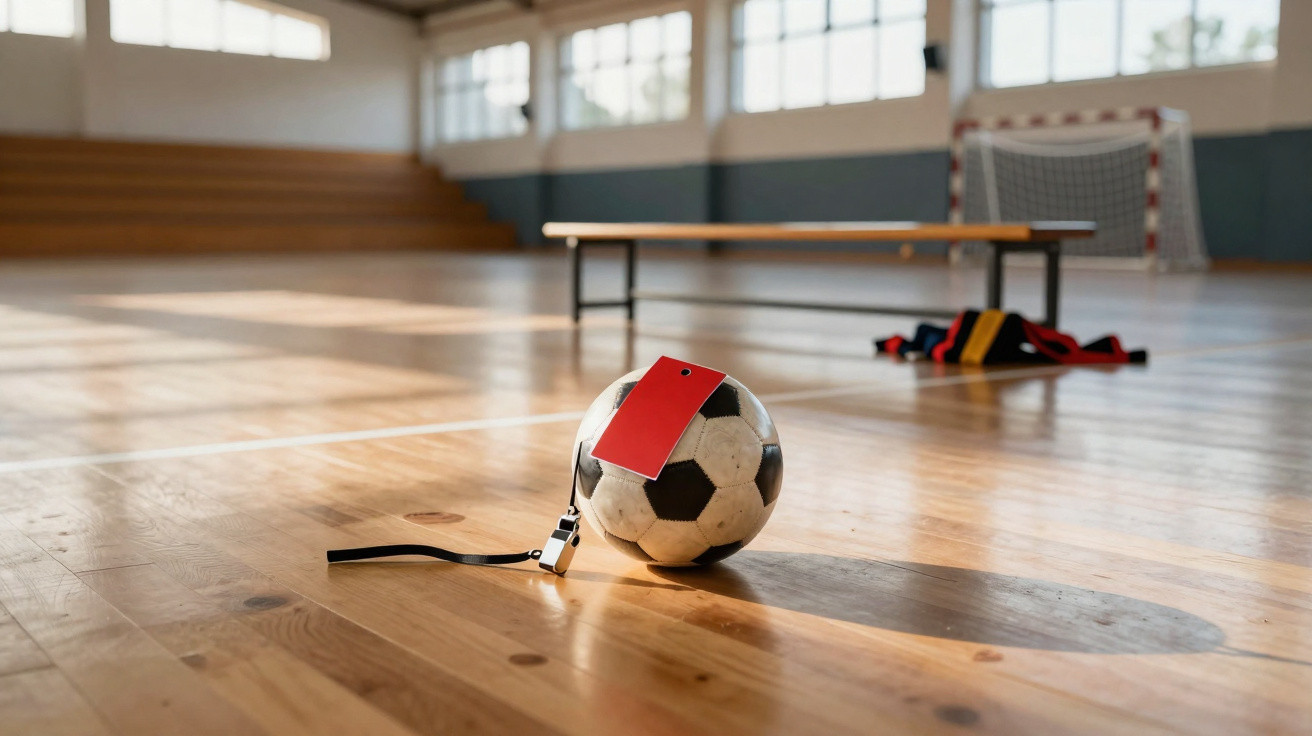Bola de futebol com cartão vermelho e apito, em chão de ginásio com banco e baliza ao fundo.