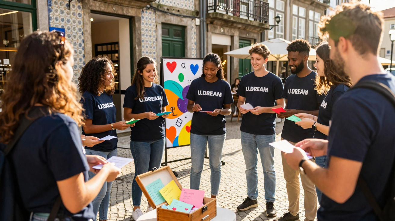 Grupo de jovens com t-shirts U.DREAM em círculo a trocar cartões coloridos numa rua com azulejos tradicionais.