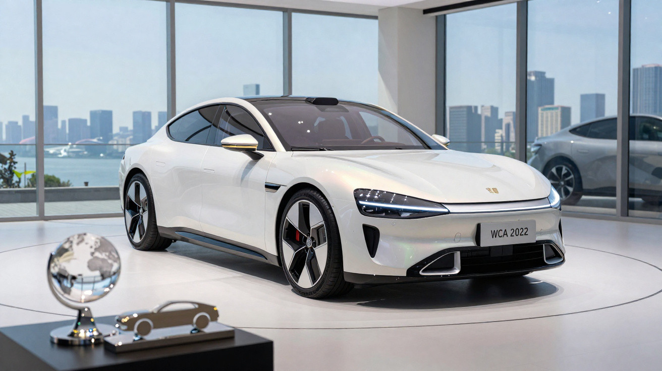 Carro elétrico branco moderno exposto numa sala com janelas grandes e vista para a cidade ao fundo.