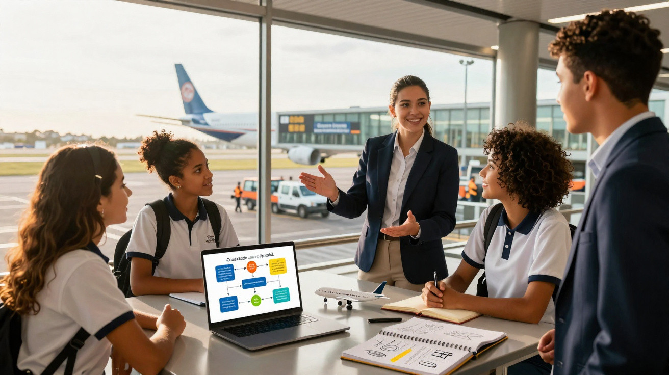 Grupo de jovens em apresentação no aeroporto com laptop, maquete de avião e documentos de planeamento.