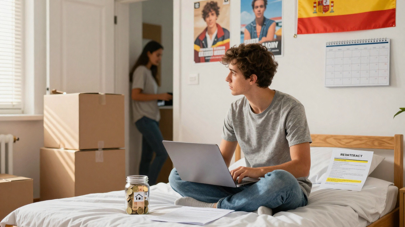 Jovem sentado na cama com computador portátil, rodeado de caixas e um frasco com moedas, mulher ao fundo.