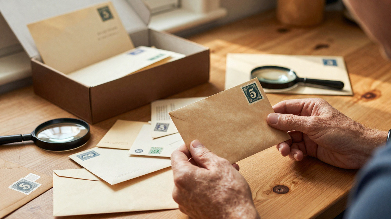Pessoa a segurar envelope com selo antigo perto de lupa, com vários envelopes sobre mesa de madeira.