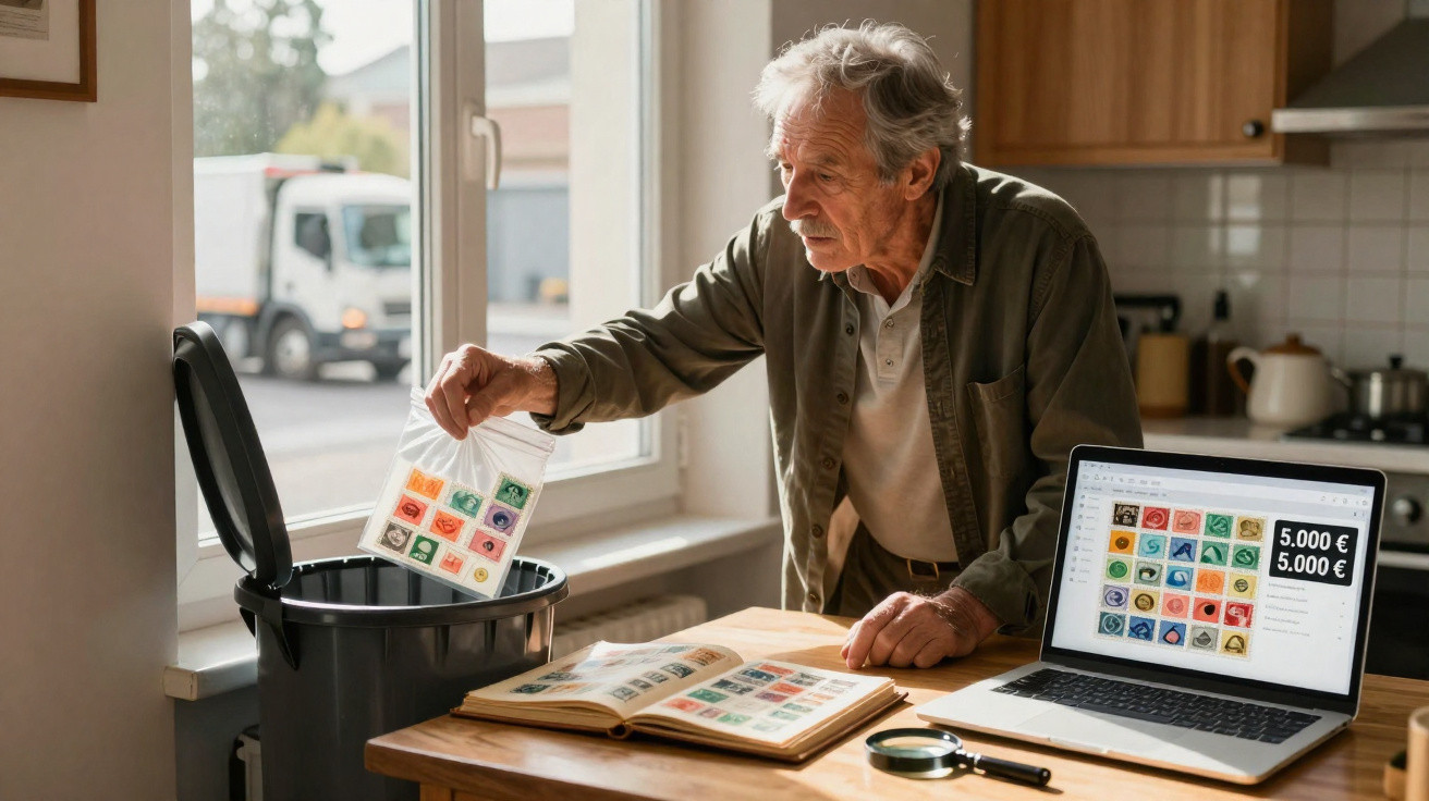 Homem idoso de cabelos grisalhos a deitar um saco de selos numa lixeira, com livro e computador com imagens de selos na mesa.