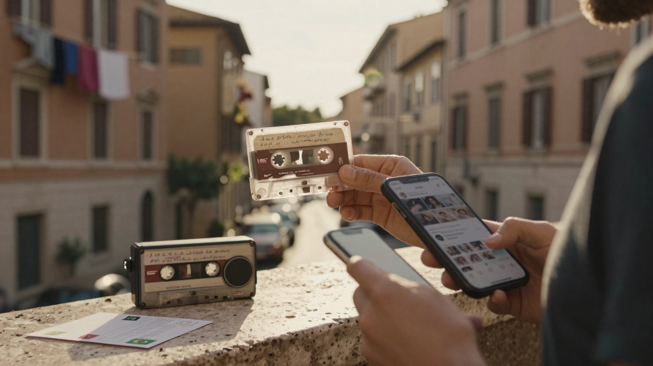 Pessoa a segurar cassete e smartphone com rádio cassete vintage sobre muro em rua urbana ao fundo.