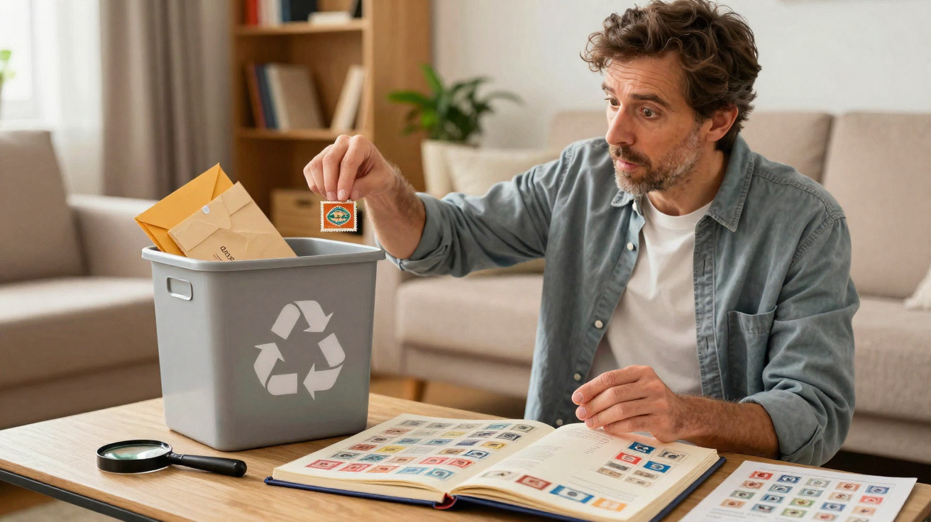 Homem sentado a analisar selos e a colocar um selo num caixote do lixo para reciclagem.