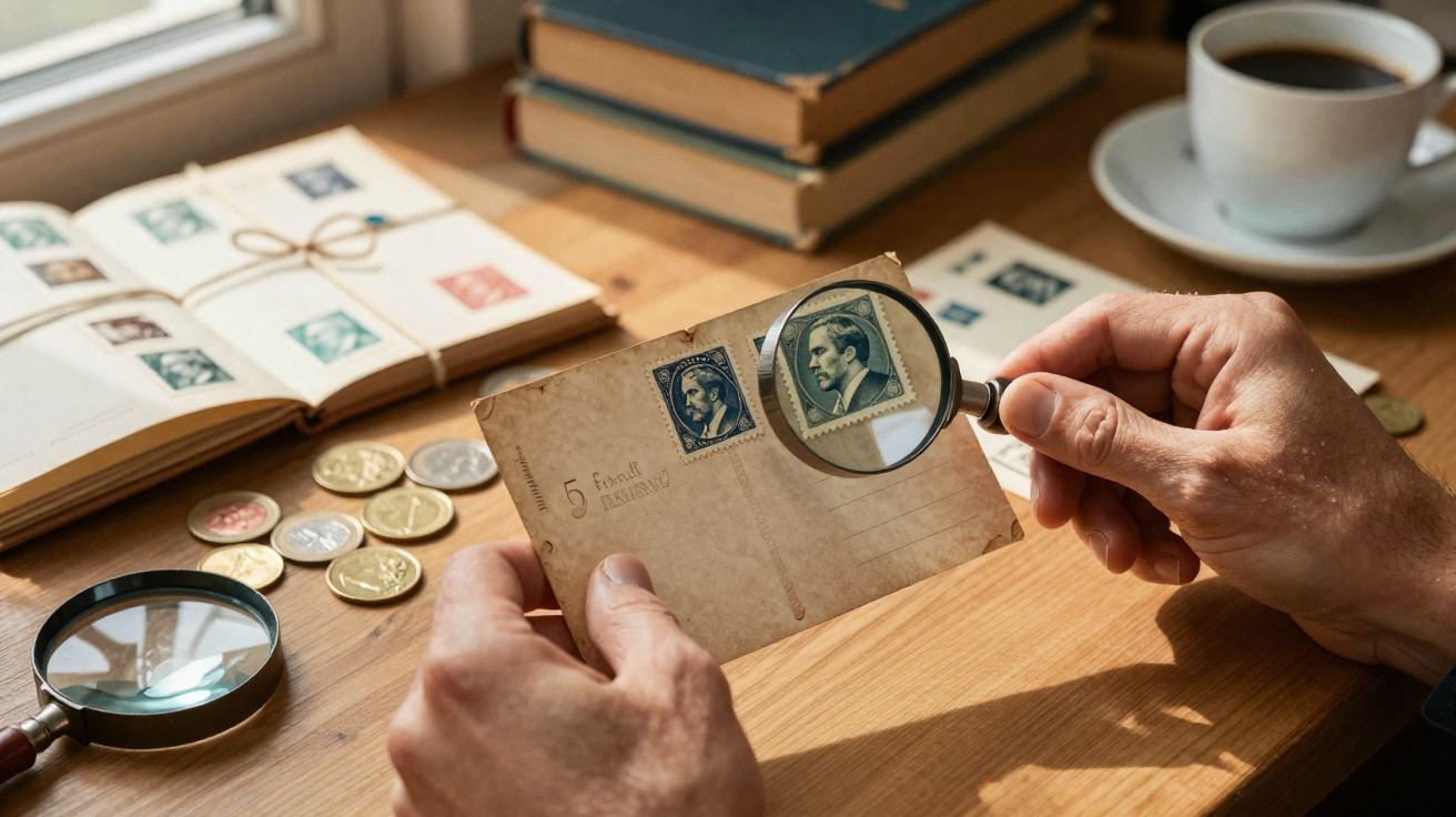 Mãos seguram uma carta antiga com selos postais, uma lupa aumenta um selo, mesa com moedas, livros e chá ao fundo.