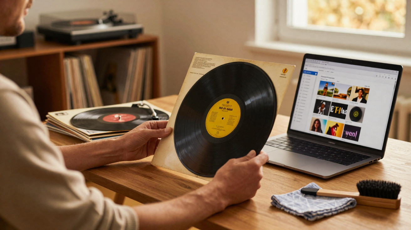 Pessoa a segurar um vinil junto a um computador portátil sobre uma mesa de madeira com acessórios de limpeza.
