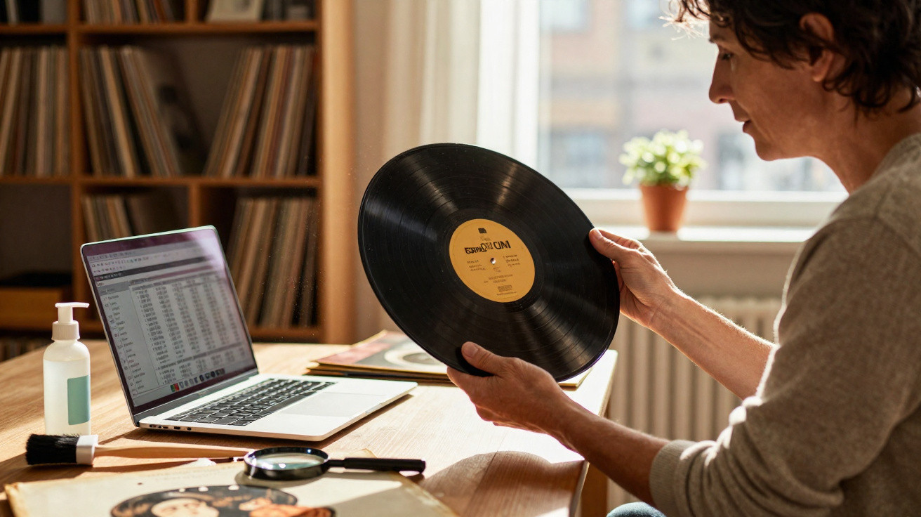 Pessoa a segurar um disco de vinil enquanto está sentada numa mesa com computador portátil e outros discos.
