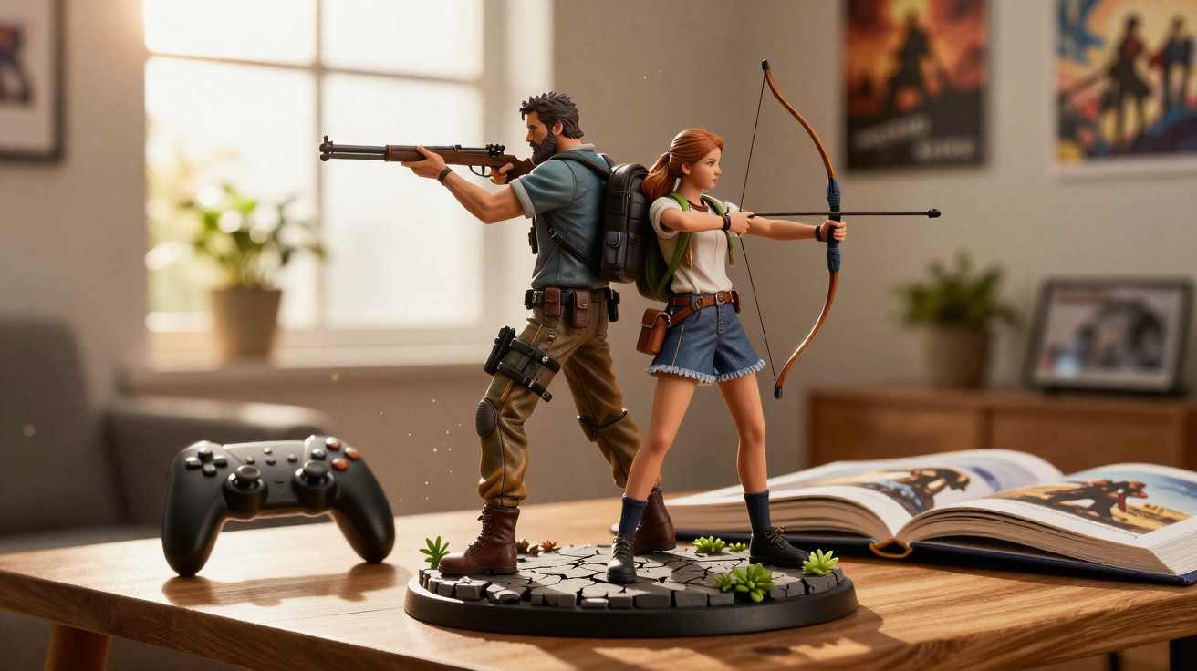 Figuras colecionáveis de homem e mulher armados em base, controlador de videojogo e livro abertos numa mesa de madeira.