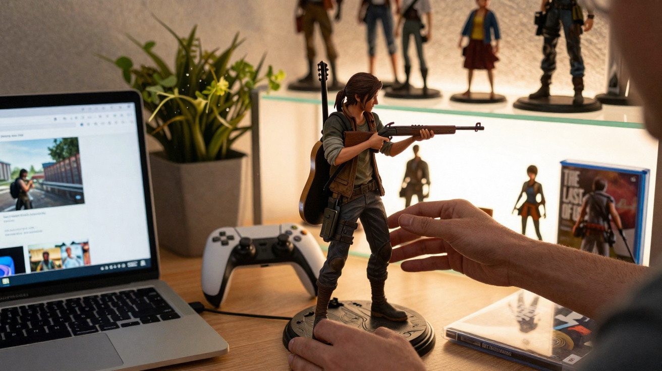 Figura detalhada de personagem armada com guitarra às costas, ao lado de comandos de videojogo e portátil aberto.