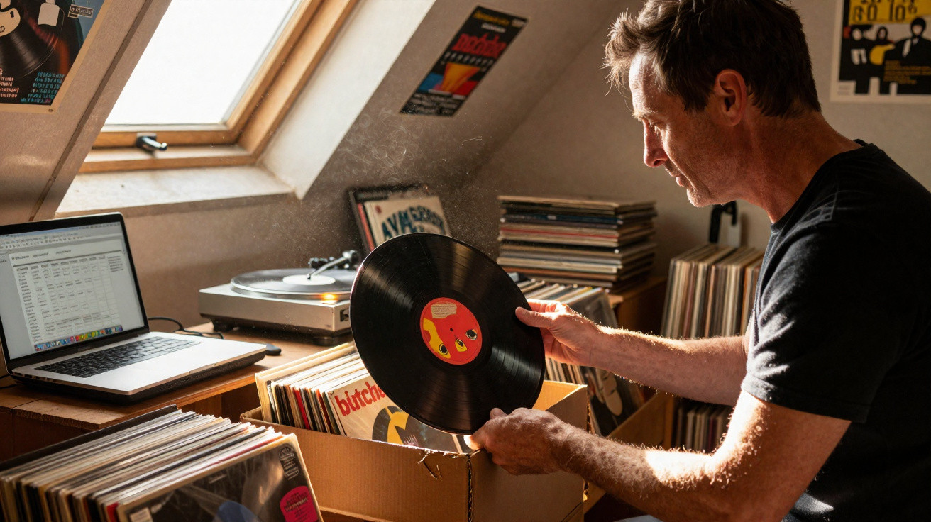 Homem a manusear disco de vinil numa divisão com janela de tecto e várias coleções de discos e computador portátil.