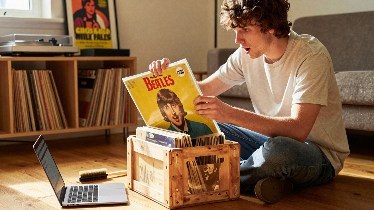 Jovem surpreendido a escolher vinil dos Beatles de caixa em chão de madeira, com computador ao lado.